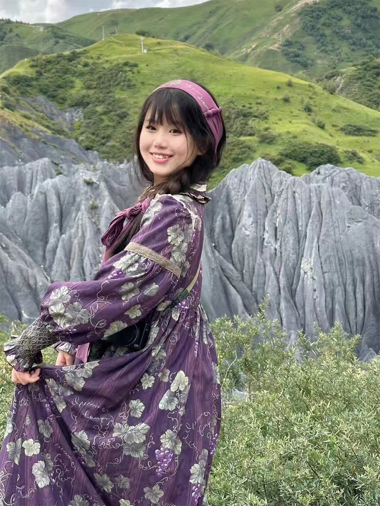 

Deep Purple Grape Garden 20 Long OP Print Lolita Dress A-Line Princess Skirt Commute Style Floral Patterned Autumn Wear