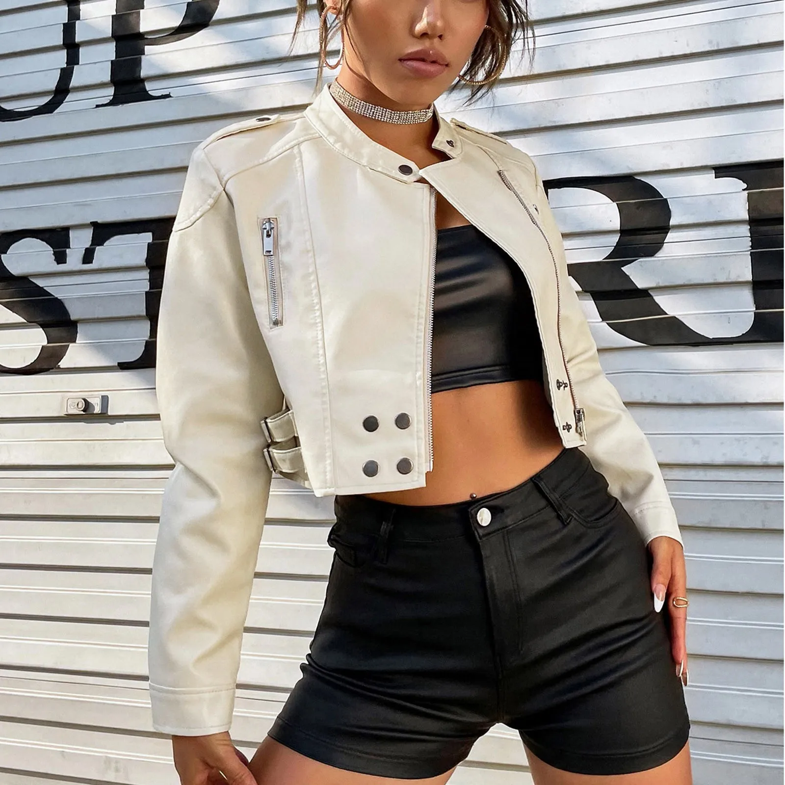 Cropped PU Leather Jacket Women Autumn Spring Short Slim Biker Jacket Ladies Commute Bomber Jackets Women\'s Jackets Coat