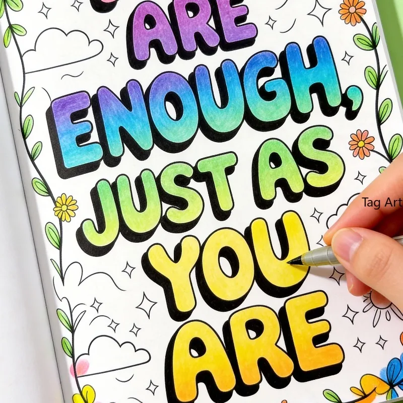 A Positive Energy Inspirational Quote Coloring Picture Book, Bubble English Flower Floral Fine Line Coloring Book, 32 Pages
