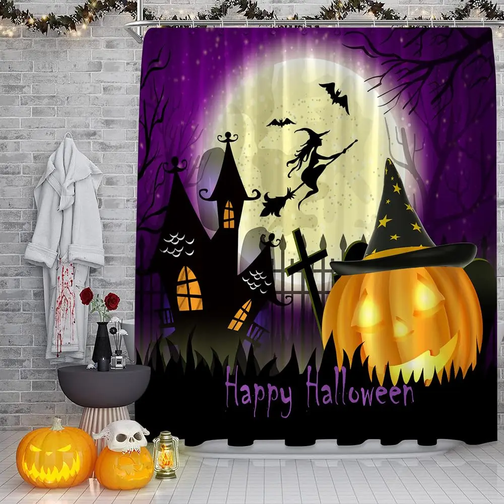 Halloween Shower Curtains Castle Dark Purple Night Decorations of Moon Pumpkin Fabric Decorations for Bathroom Bathtub Screen