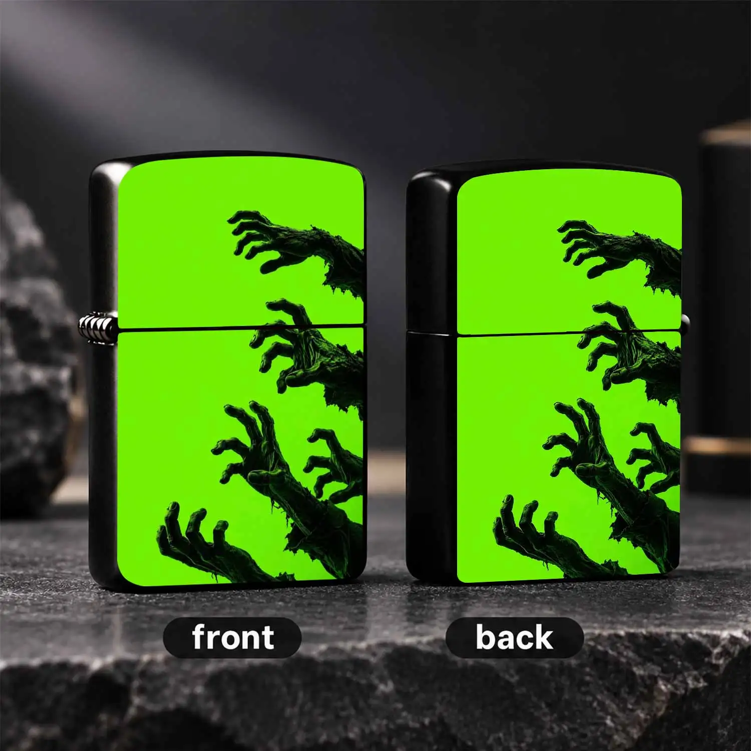 Creative Zombie Hands Themed Lighter Spooky Horror Style Portable Pocket Lighter Unique Green Background Pattern Cool Decorative Accessory For Daily Use Halloween Party Favors Novelty Gift For Friends And Horror Enthusi A Humorous And Inter