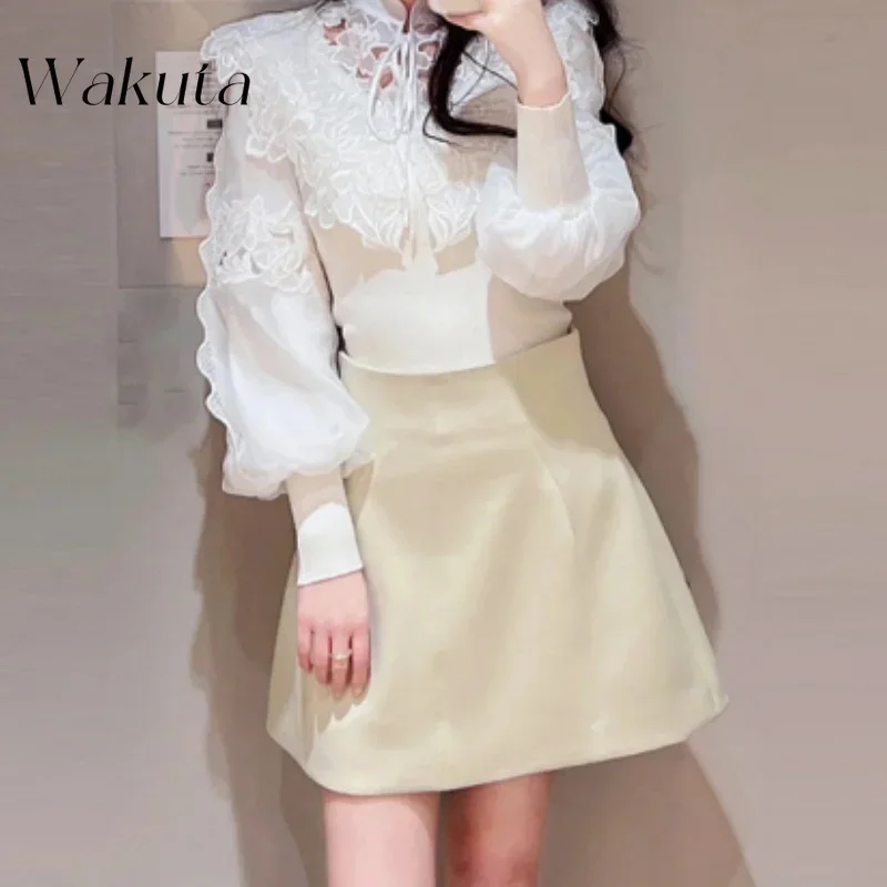 WAKUTA Japanese Retro Collar Lantern Sleeve Splicing Tanks Sweet Flowers Lace Tie Tops Fall Knitwear Кофта Женская Sueter Mujer