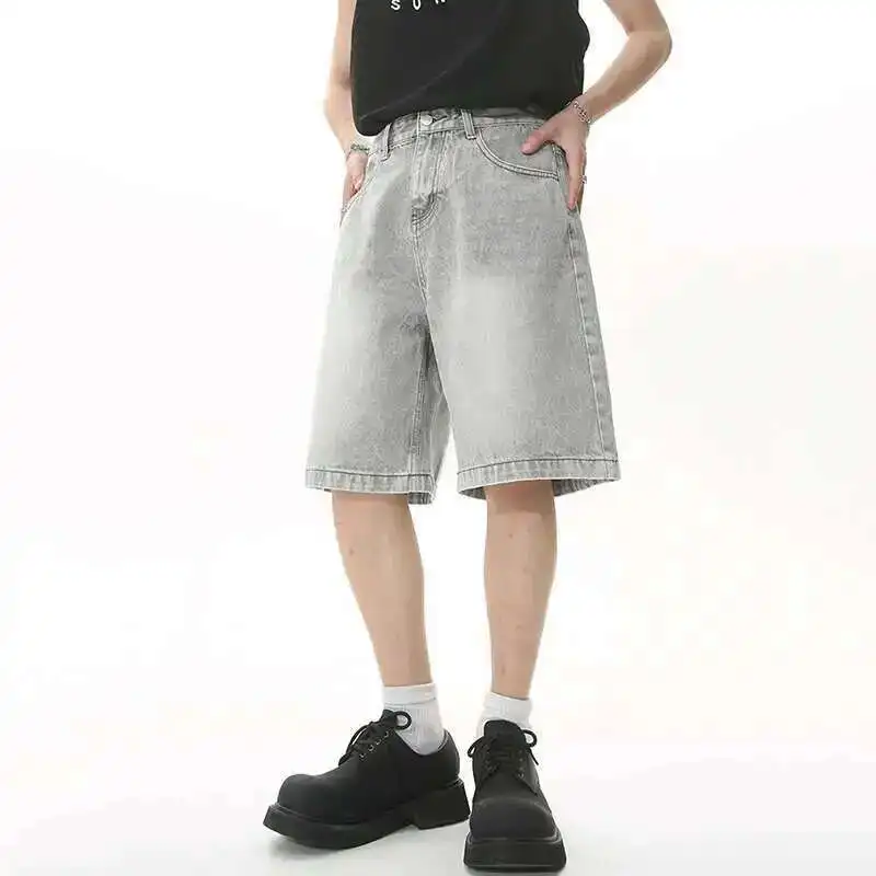 

Summer Men's Casual Jeans Shorts Loose Mid High Waist Fashion Knee Lenght Denim Short Pants Vintage Male New Korean 9A8588