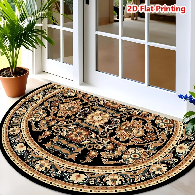 Colorful Folk Floral Semicircle Doormat Bright Multicolor Flowers on Black Background Non Slip Floor Mat for Bohemian Home