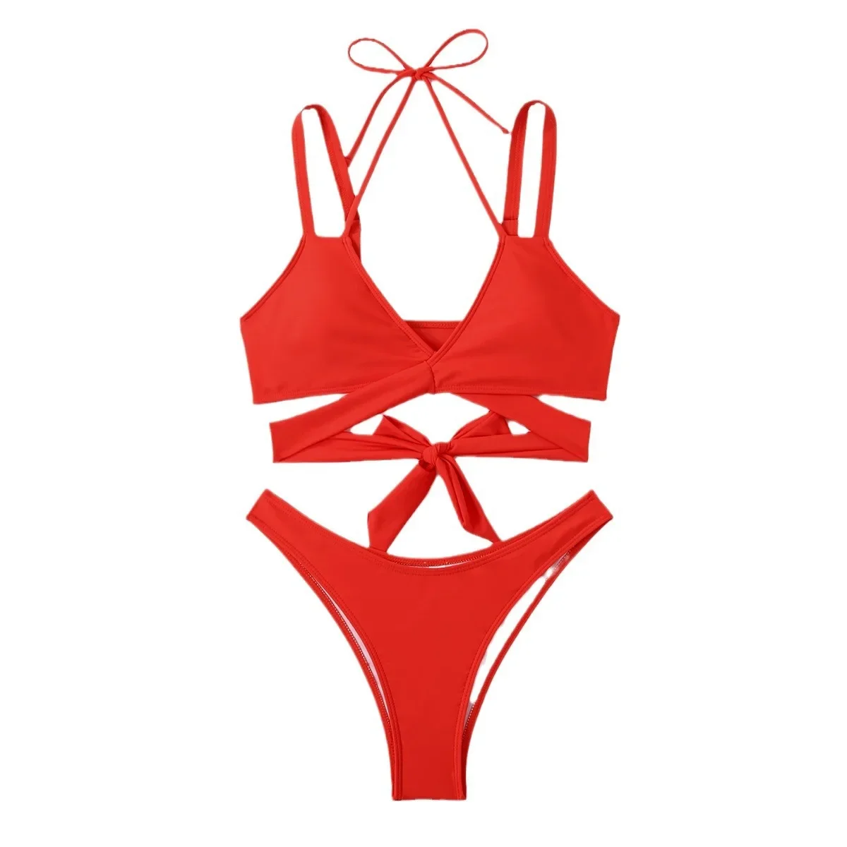 Women Strap Ties Bikini Set 2024 Female Solid Sexy Swimsuit 2 Pieces Sexy Swimwear Beach Outfits Damen Bathing Suit Push Up