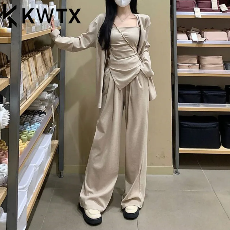 

KWTX Elegant 3-Piece Set Women's Jumpsuit Tops Pants Knit Cardigan Solid Color Spring Summer Fashion Outfit 2025 Trendy
