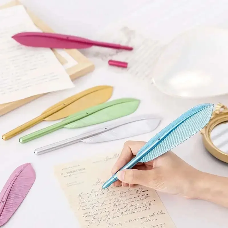 1/6PCS Elegant Imitation Feather Ballpoint Pen Retro Metal Quill Shape Gel Ink Pen for Office School Home Student Gift Souvenir
