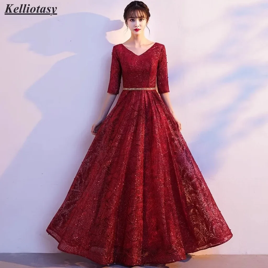 

Custom Made Aline Burgundy Bridesmaid Dresses Exquisite Vneck Sequined Lace Long Bridesmaid Dress For Women Party 2025 XXHS010