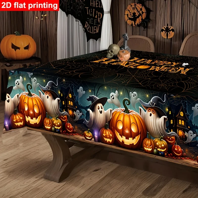 1 PC 2D flat printing Halloween dark style tablecloth, ghost pumpkin lantern, spider web, haunted house, witch