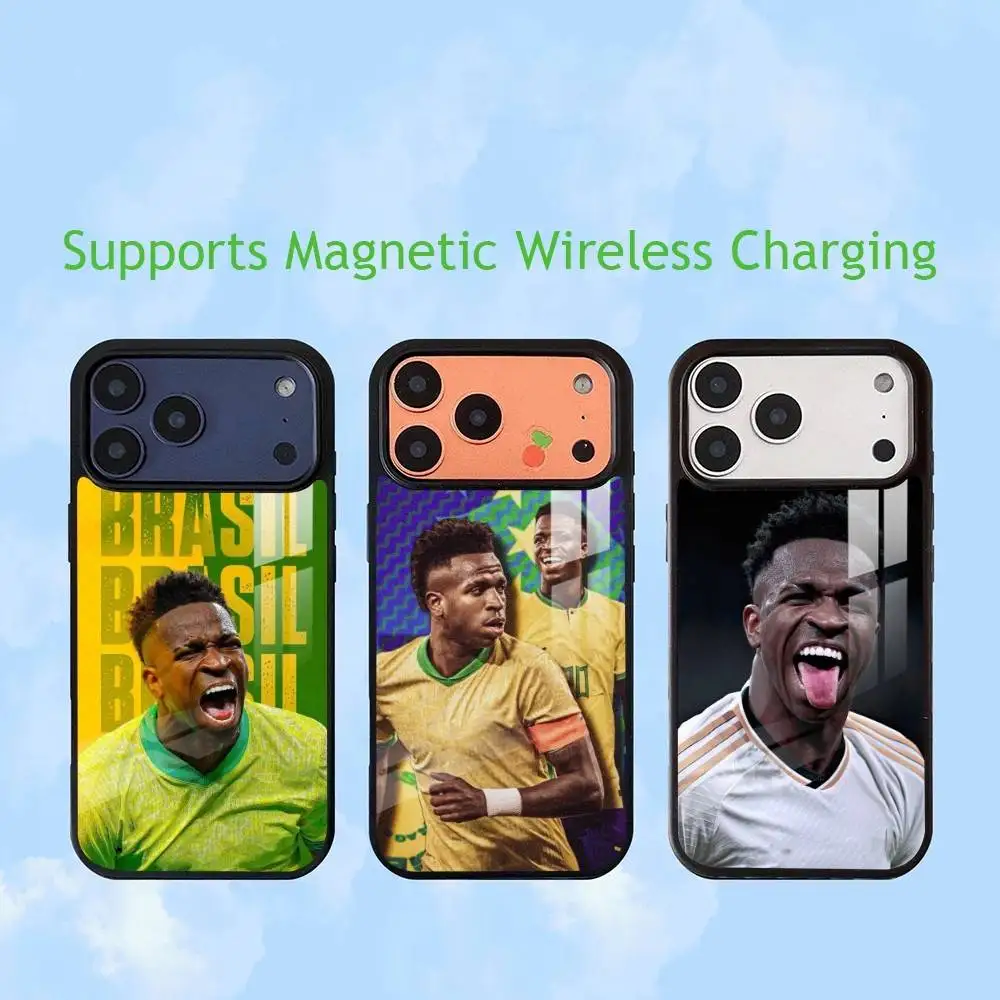 Football Player V-VINI J-JR  Luxury Glass Phone Case For iPhone17,16,15,14,13,12,11 Plus,Pro Allows magnetic wireless charging