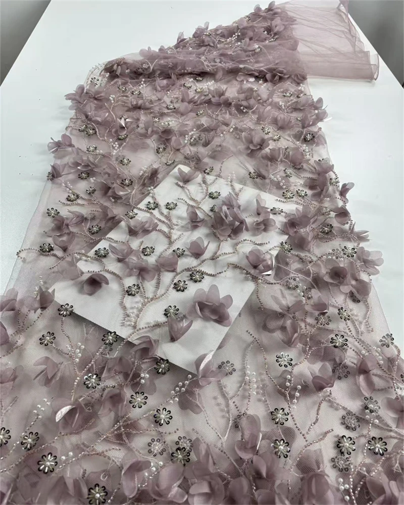 3Dフラワーフレンチレース生地、ビーズネット、ウェディング用スパンコール付きアフリカンレース、高品質