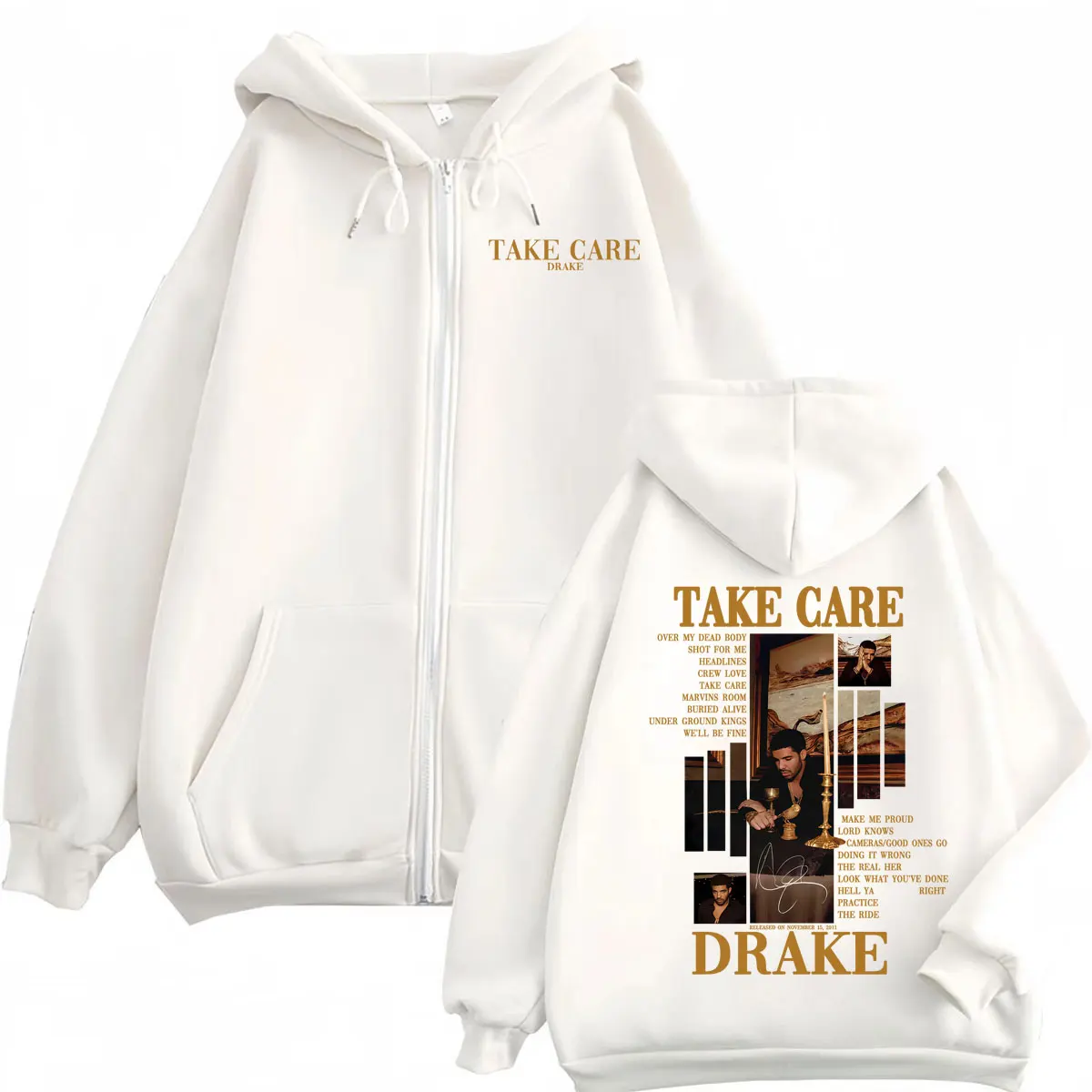 Rapper Drake Take Care Album Merch Zipper Hoodies Hip Hop Vintage Zip Up Hooded Sweatshirts Men Women Casual Fashion Pullovers