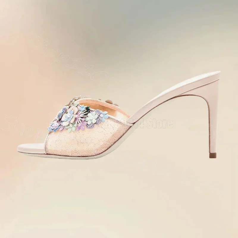 Colorful Sequins Flower Beige Open Toe Slippers Slip On Women Shoes Thin High Heels Novel Party Banquet 2026 Zapatos Para Mujere