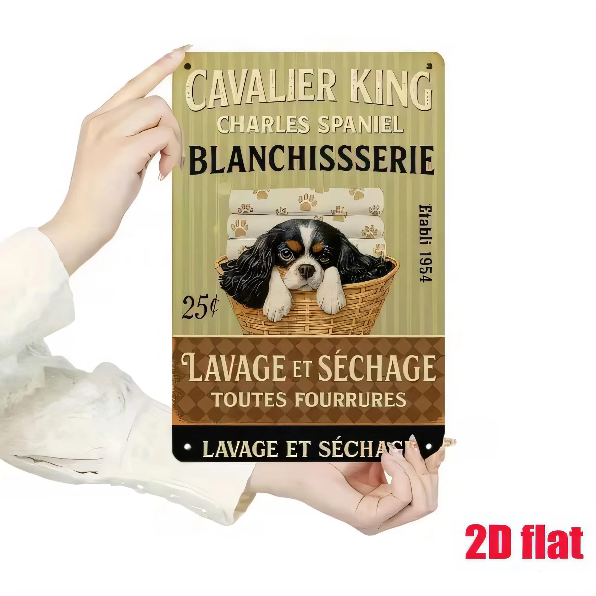 Vintage Cavalier King Charles Spaniel Tin Sign, French Text Wall Art for Dog Lovers,  Metal Poster Plaque, Rustic Cottage Farmho