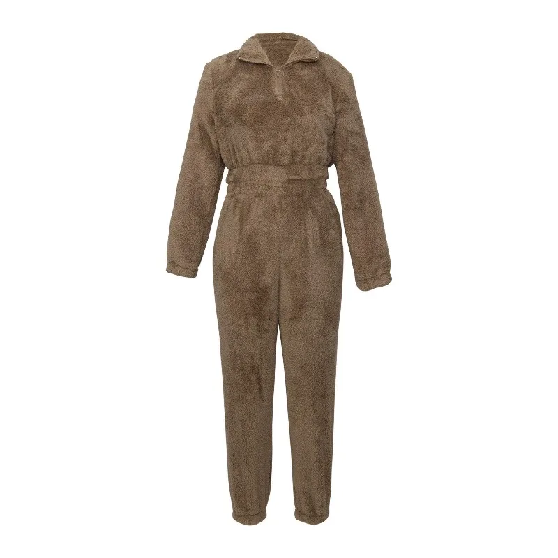 따뜻한 털 여성용 2피스 세트 솔리드 지퍼 프론트 스웨트셔츠 조깅 팬츠 매칭 세트 2025 겨울 신상 패션 스트리트웨어 의상