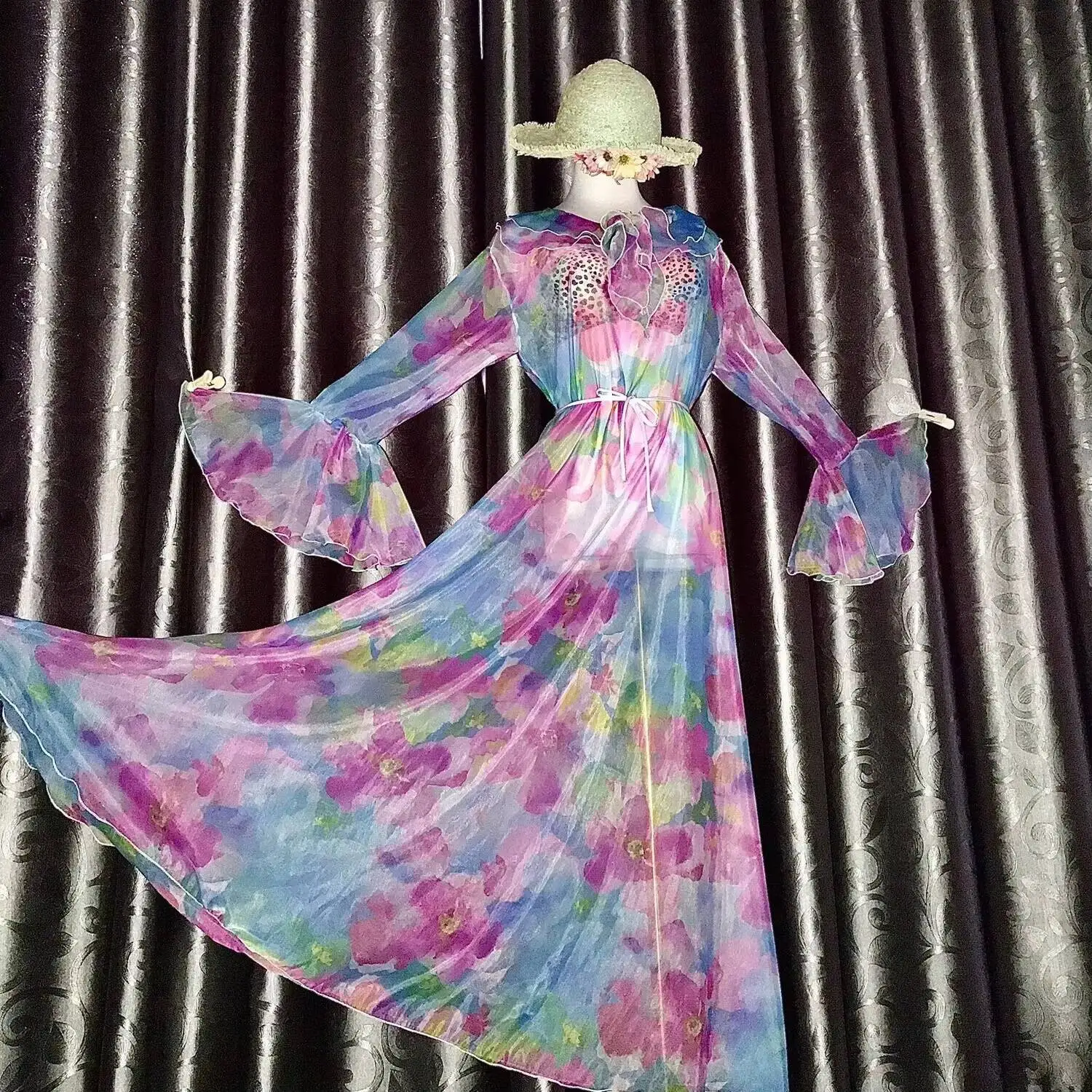 

Summer See Through Voile Mesh Sexy Women High Waist Maxi Skirt Glossy Loose Long Bottoms