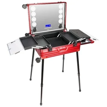 OBOX Fashionable Rolling Makeup Box With LED Light Mirror Adjustable Legs Lockable Train-Large Capacity Cosmetic Studio Artist