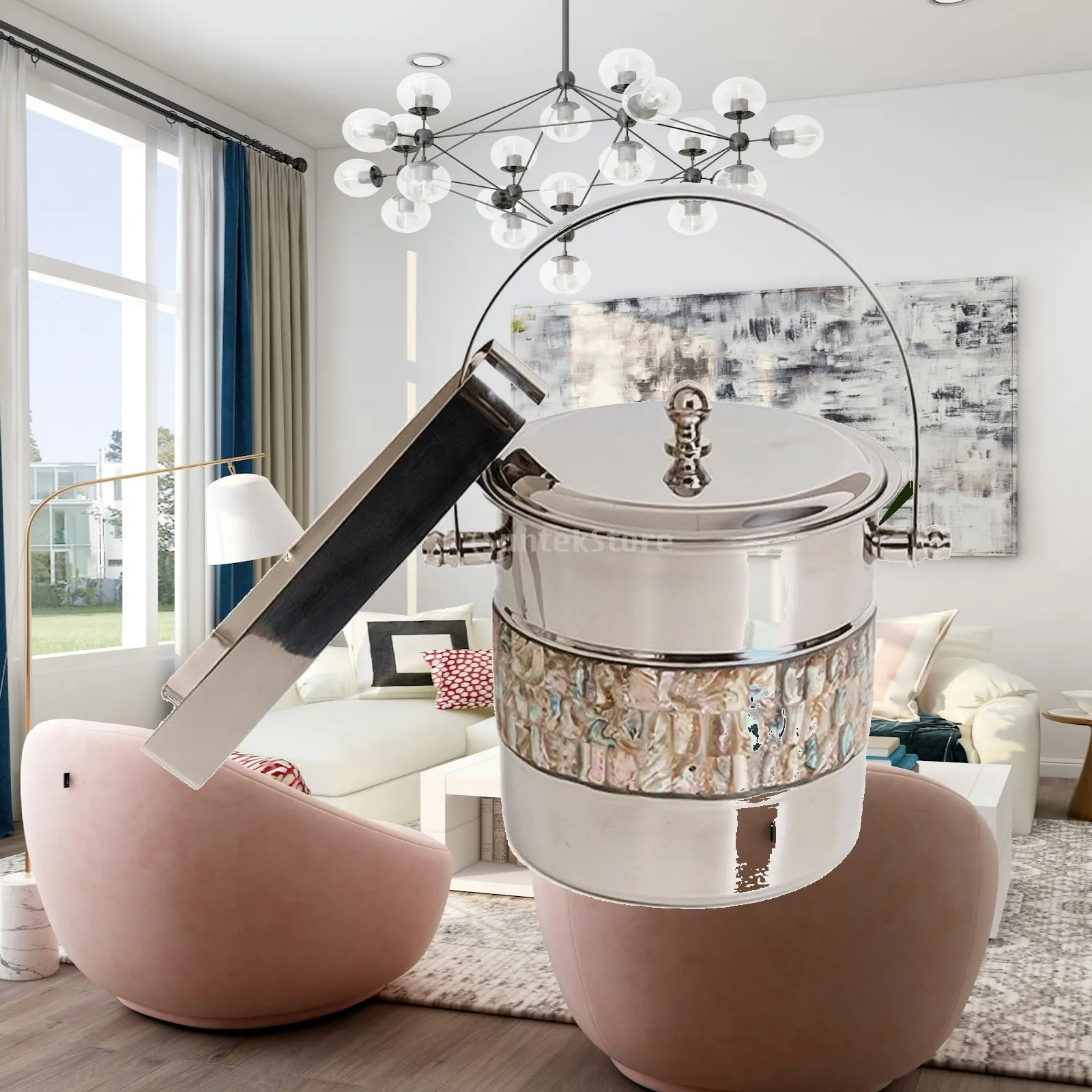 Cylindrical Ice Bucket with Swing Handle Snug Lid Copper and Steel Cooler for Casual Formal Beverage Setup