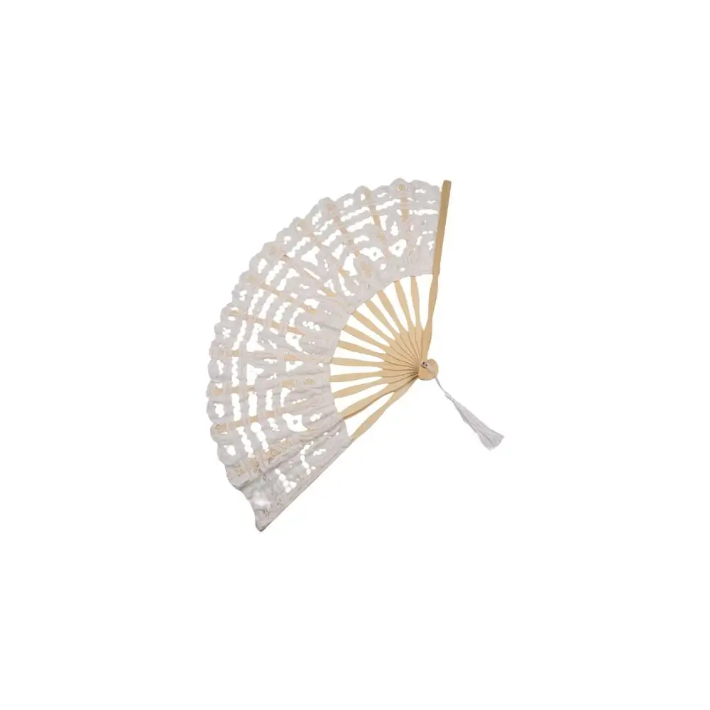

Bamboo Handle Vintage Lace Hand Fan European Style Hand Held Embroidered Folding Fan with Tassel Dance Fan Wedding