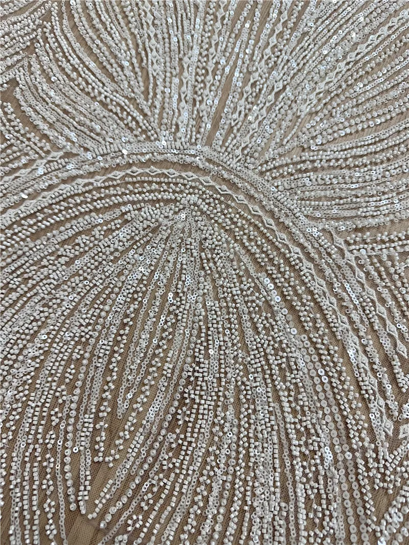 2024 Latest High Quality White Beaded Sequins Embroidery Lace Fabric Unique Wedding Dress Lace Fabric1 Yard