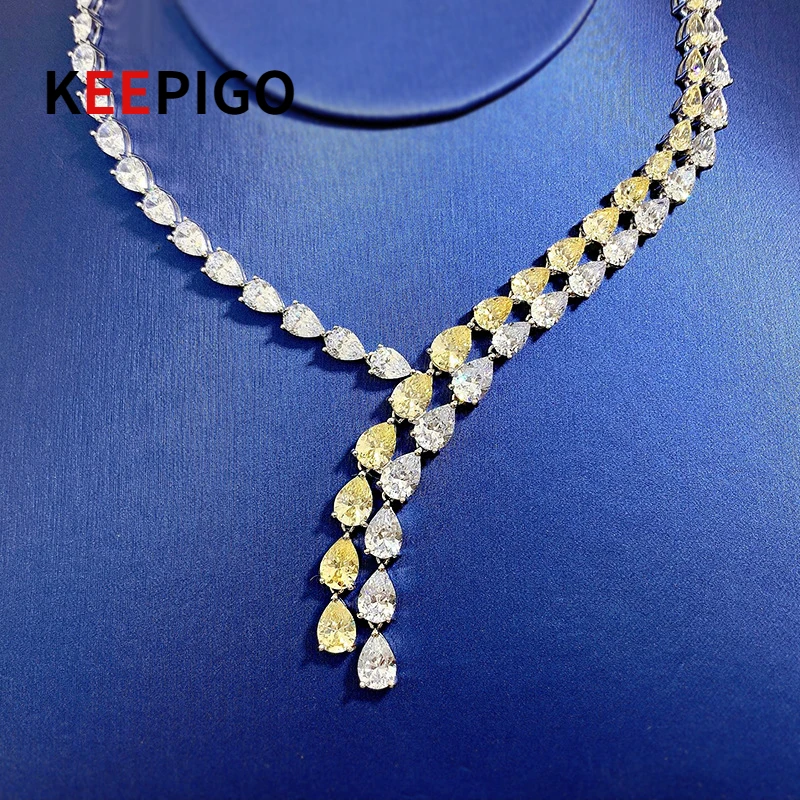 KEEPIGO S925 Sterling Silver Classic Luxury White Yellow Full High Carbon Diamond Necklace Wedding Engagement Party Fine Jewelry