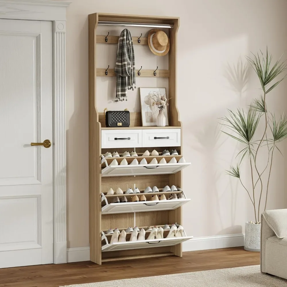 Shoe Cabinet with 3 Doors 2 Drawers with Hanger, Large Space for Storage keeping dust out, PVC Door with Shape (Natural)