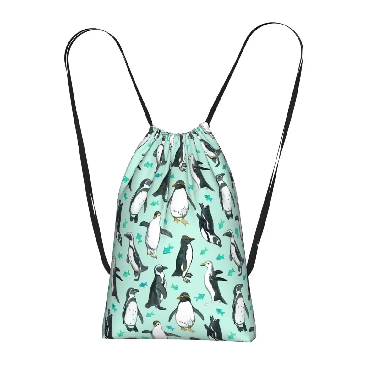 Lots Of Little Penguins On Mint Drawstring Backpack hiking cycling Bag Portable Travel Drawstring Bag for Men Women