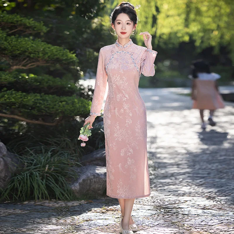 

2024 Elderly Velvet Cheongsam Style Autumn/Winter Long Sleeve New Chinese Style Cheongsam Qipao Dress