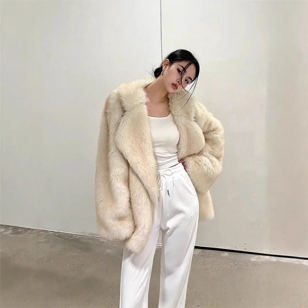 معطف فرو شتوي للنساء متوسط الطول فضفاض بياقة من الفرو الاصطناعي Jaet طويل Sve ملابس خارجية أوروبية Sle Faion