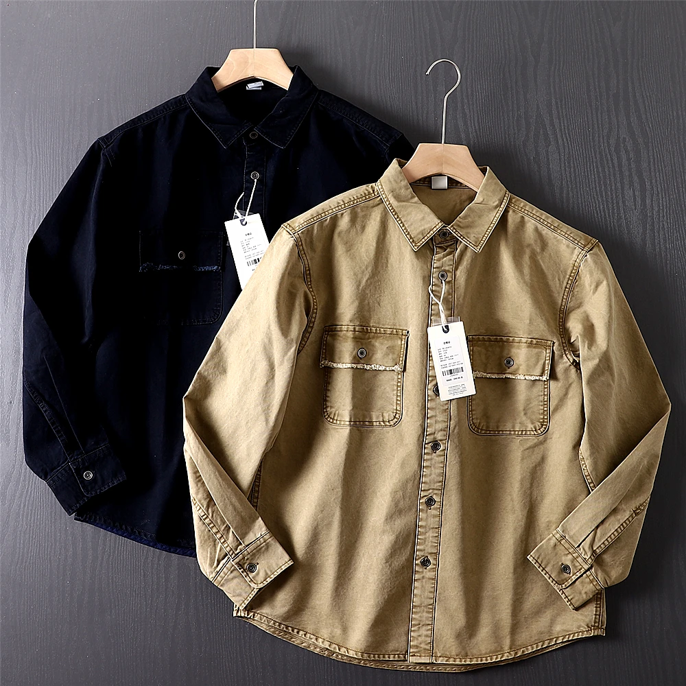 

Retro American Heavyweight Wear-resistant Pure Cotton Waed irt Spring Autumn Loose Casual Long Sve irt Jaet