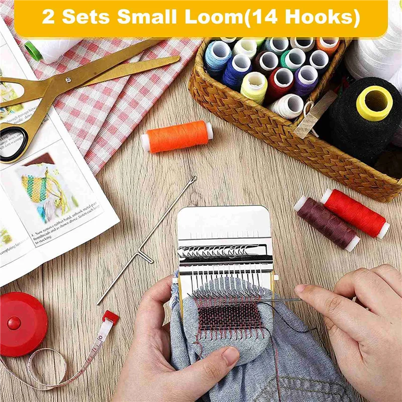 2 Sets Small Loom Speedweve Type Weave Tool DIY Wooden Speedweve Darning Tool Mini Fun Mending Loom (14 Hooks)