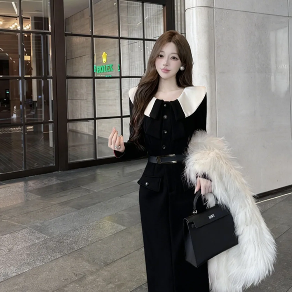 

Slimming Mid-Length Dr with Waist-Cinching Doll Collar Splicing Design Faionable Autumn Winter Pure Desire Sle Long Sl...