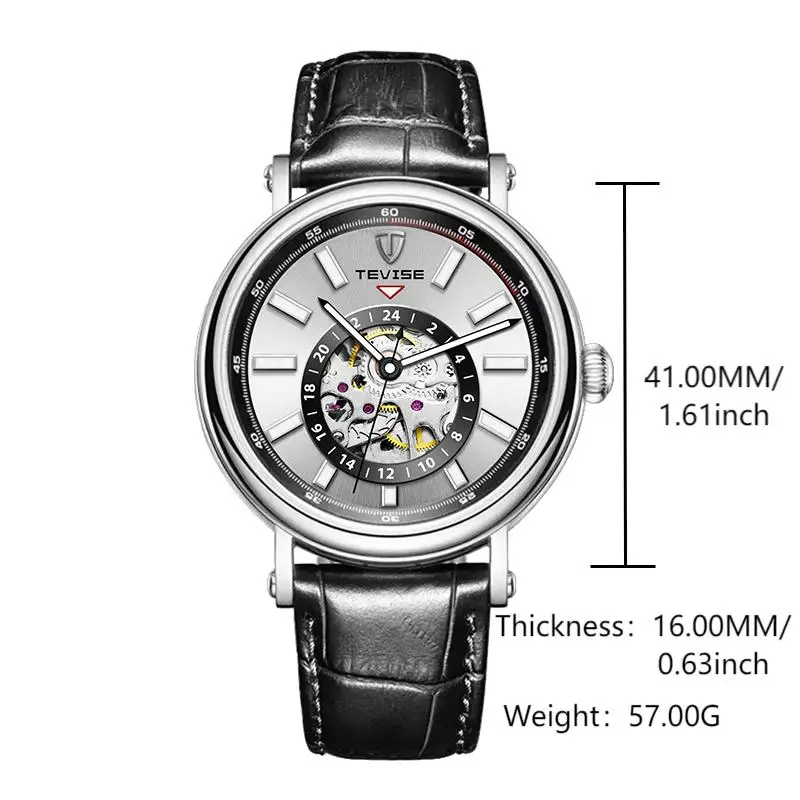 TEVISE Mechanical Watch Men Automatic Watch Leather Strap Luminous Skeleton Watch Causal Business Watch