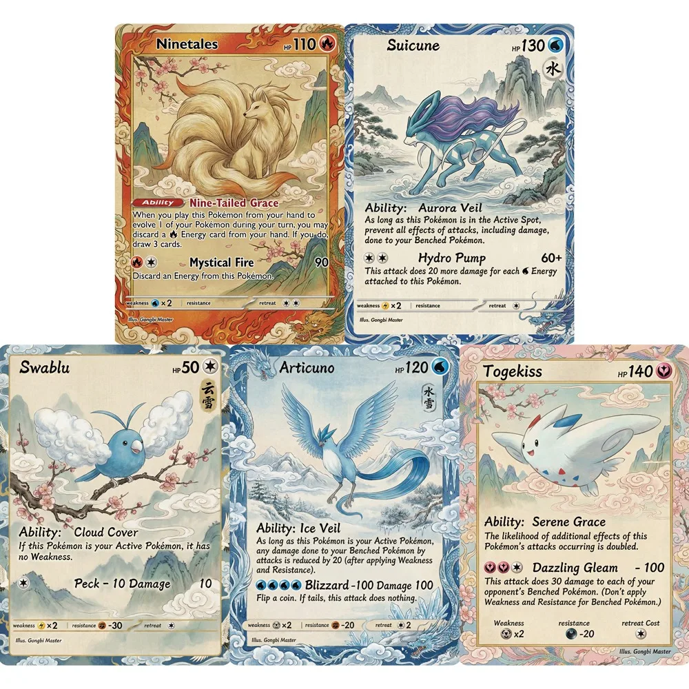

Набор из 5 коллекционных карт Pokemon: Ninetales, Suicune, Articuno, Swablu, Togekiss. Изысканные иллюстрации. Коллекционные карты PTCG. Подарок для покемонов-фанатов.
