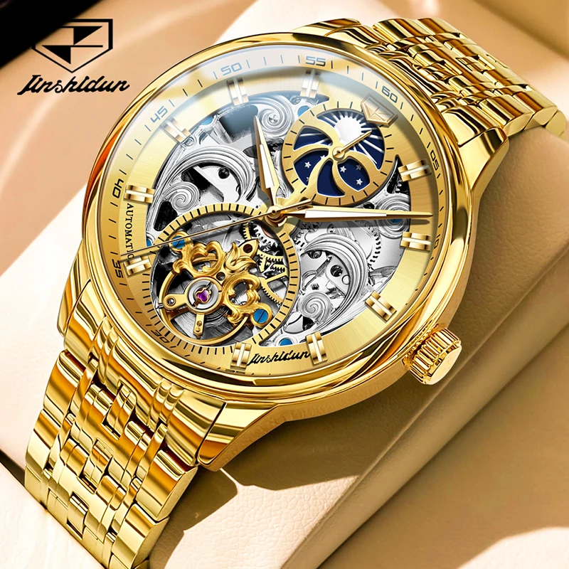 

JSDUN Brand New Luxury Gold Hollow Mechanical Watch for Men Stainless Steel Waterproof Fashion Automatic Skeleton Watches Mens