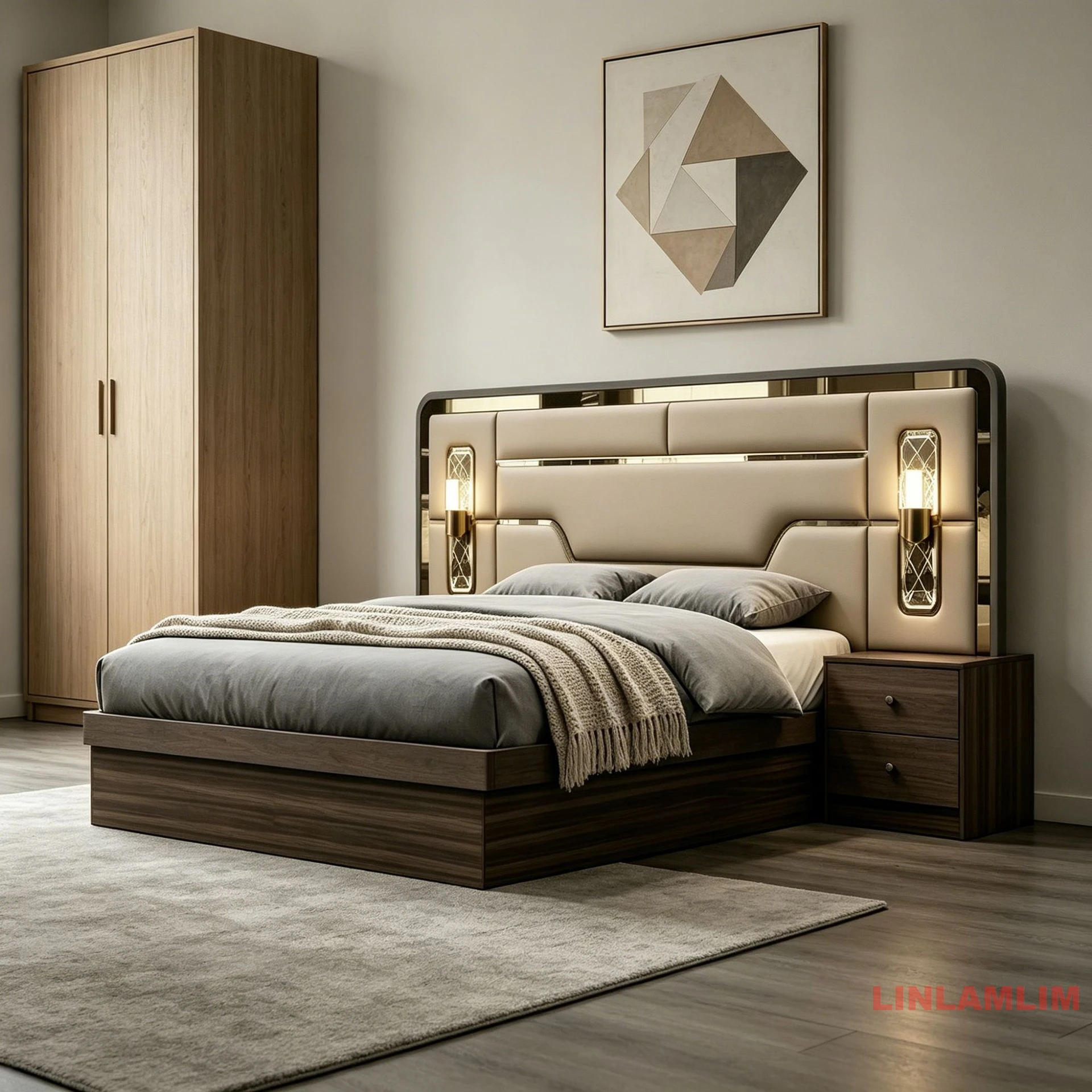 MANBAS Double Bed – Luxury Turkish style Bedroom Set with Latex Mattress, Nightstands,Wardrobe with Mirrored Door,Dresser,Mirror