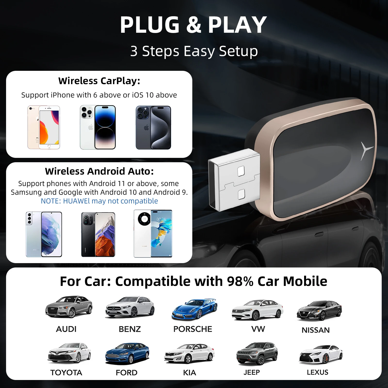 2025 Mini 2in1 Wireless CarPlay Android Auto Adapter Plug and Play with 5G WiFi Bluetooth USB Auto Reconnect in Rose Gold/Silver