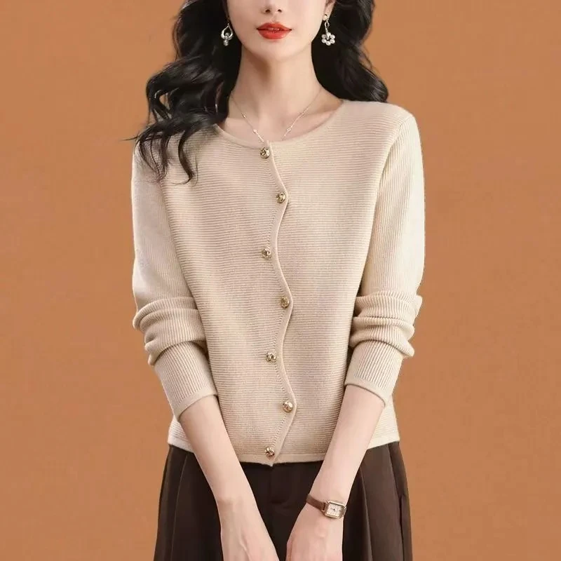 

Осень-зима 2026, женский вязаный кардиган для мам среднего возраста, свитер, пальто, удобный женский свитер с круглым воротником, куртка