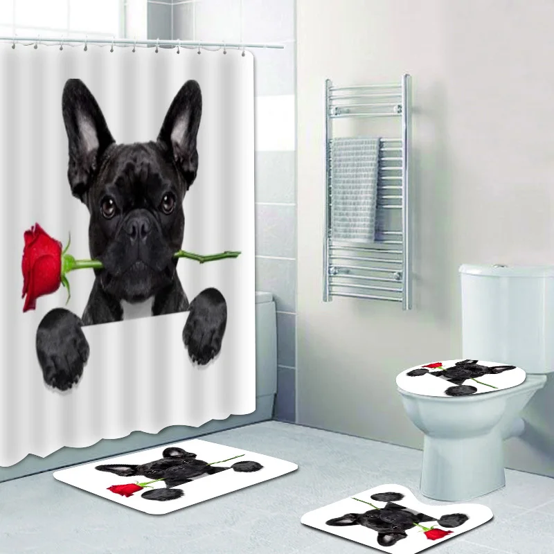 Animal Style Bulldog Shower Curtain For Bathroom Mat Rug Carpet For Toilet Frenchie Bath Bathroom Sets Shower Curtins And Rugs