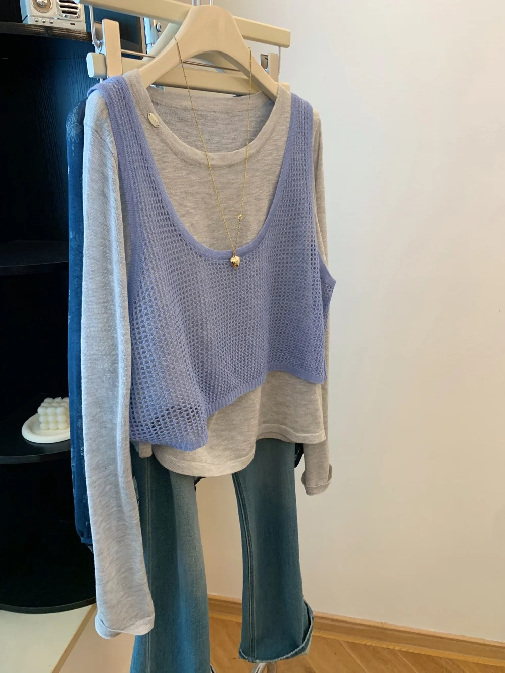 Faionable ey redondo ne malha longo sve solto emagrecimento topo para homem casual sle outono design falso camiseta de duas peças