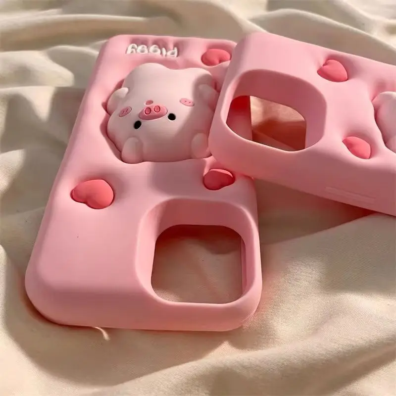 Phone Case For iPhone 15 14 13 12 11 Pro Max New INS Funny 3D Cartoon Cute Animal Duck Pig Dinosaurs Shape Soft Protective Cover