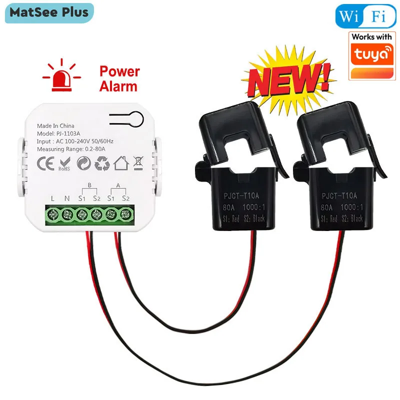 Smart New WiFi Energy Clamp Bidirectional Meter with Buzzer Alarm for Threshold App Monitor Export Import Power AC110V/240V