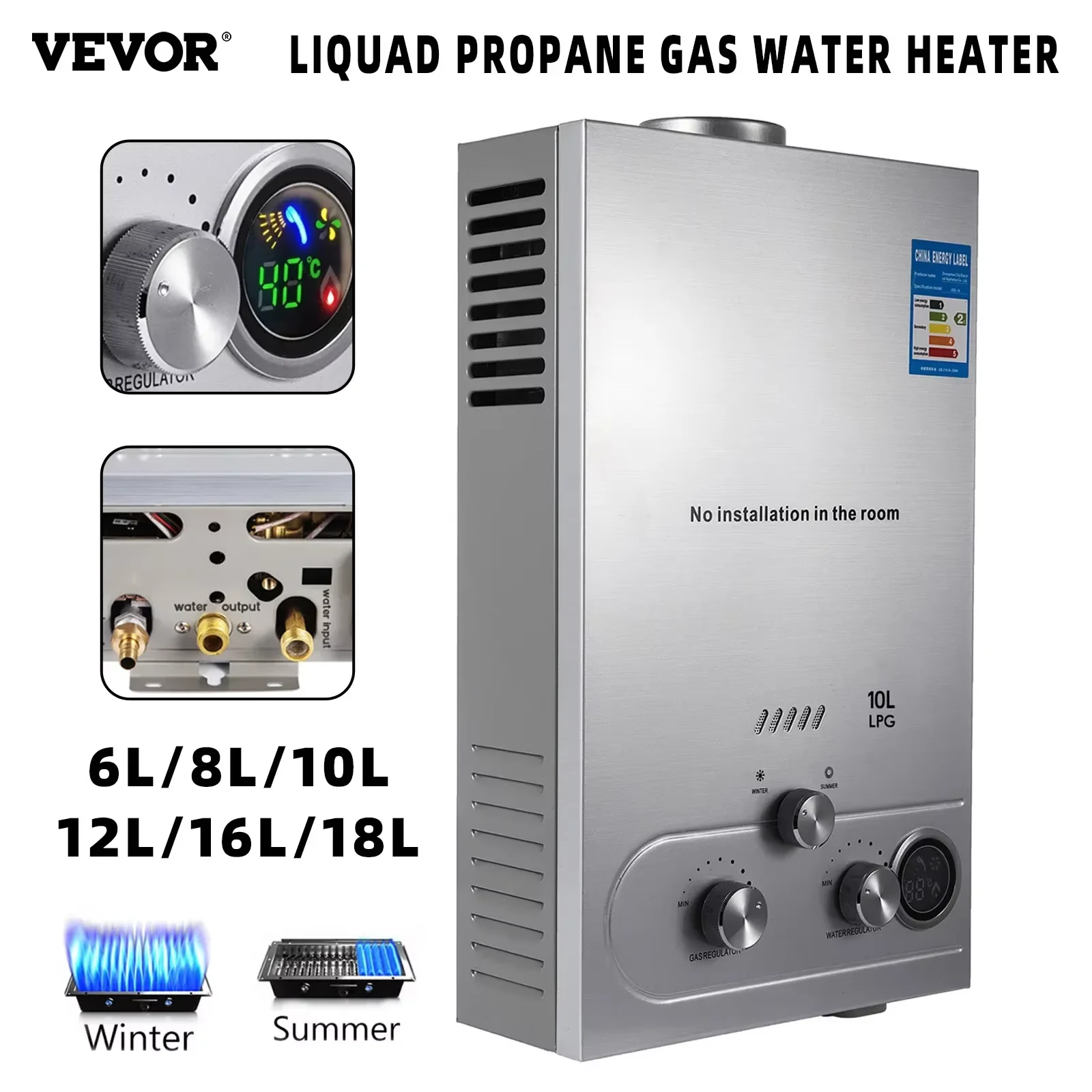 VEVOR-Chauffe-eau mural sans réservoir portable, affichage numérique, gaz propane, GPL, 6L, 8L, 10L,