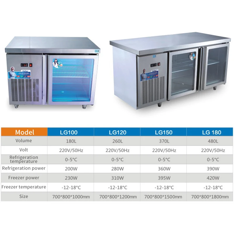 220v 1/2 Glass Door Air Cooling Smart Refrigerator Equipment Under Counter Freezer Prep Table Chiller for Commercial Kitchen