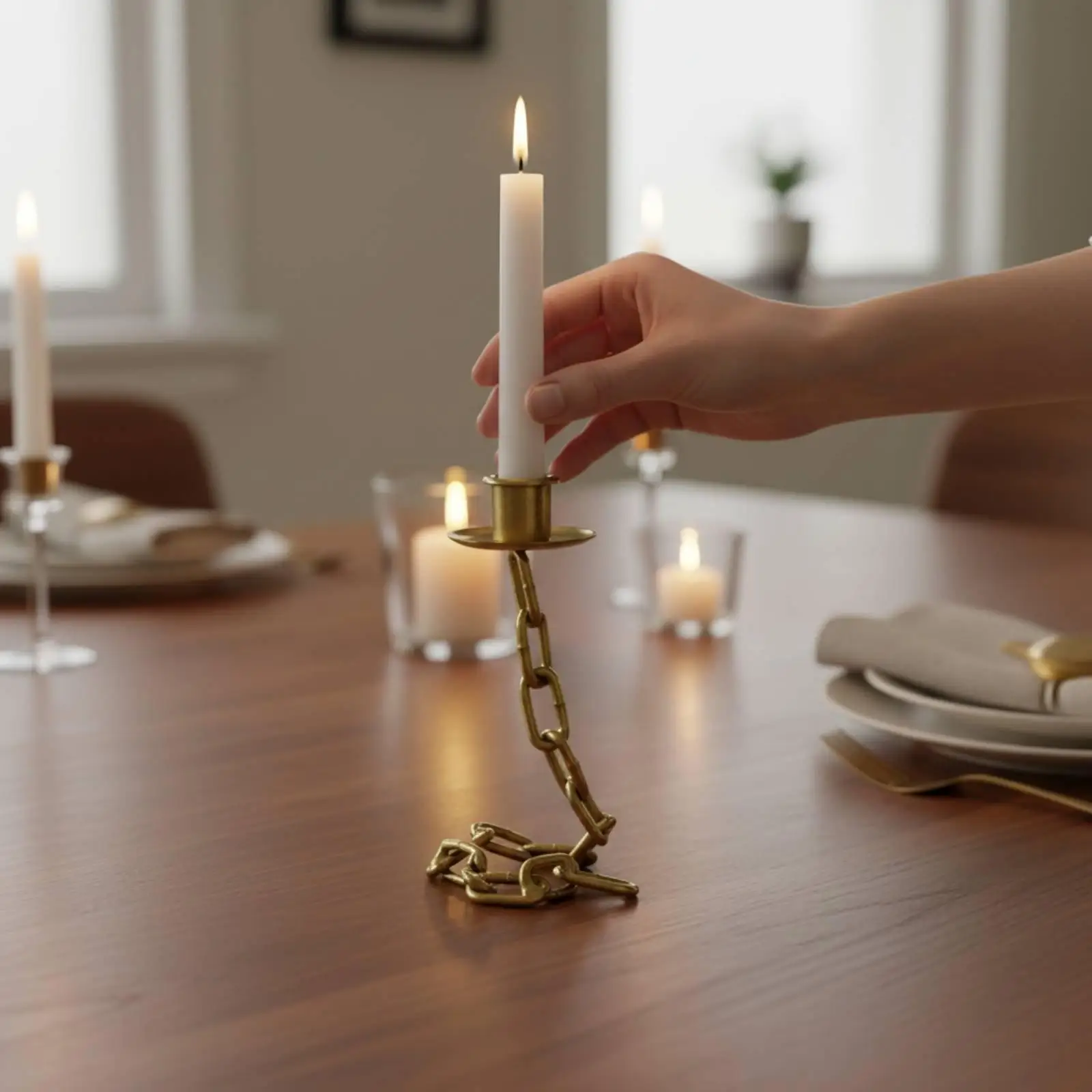 Nordic Decorative Candle Holder Metal Chain Link Candlestick Warm Glow Lighting for Home Wedding Centerpiece