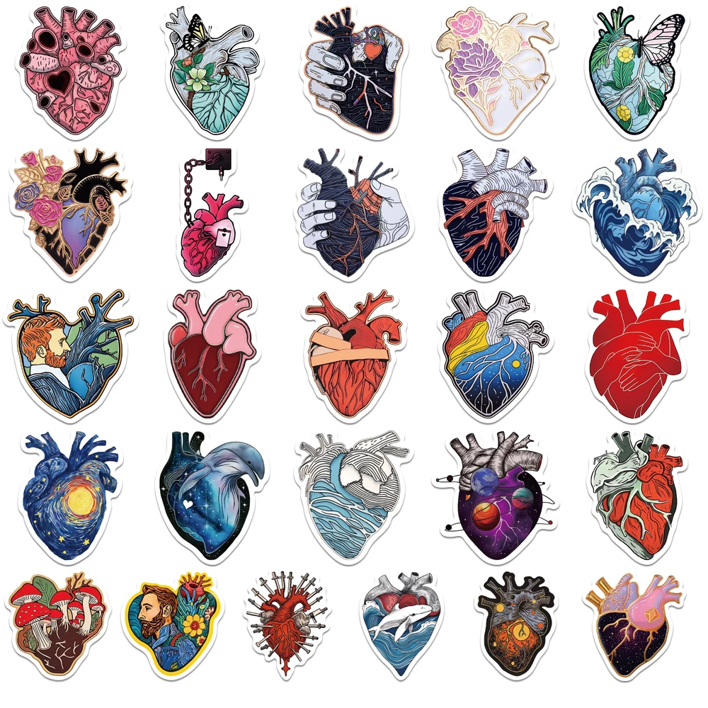 50Pcs Beneath the Waves Anatomical Heart Stickers for Water Bottle Laptop Phone Scrapbooking Gift for Teens Kids Nurse Decals