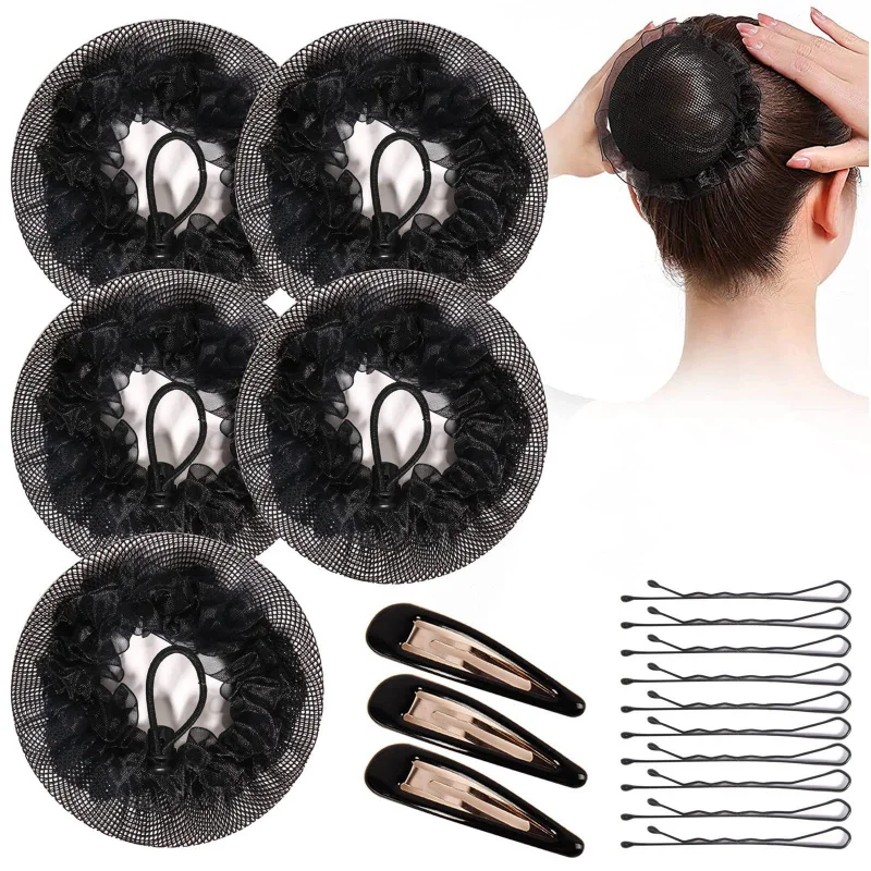 23pcs/bag Drawstring Hair Net & Hair Clips Set Elegant Dance Bun Hairnets Professional Hair Covers For Women