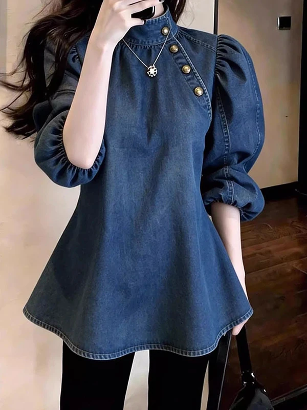

plus Size 300 Pounds Retro Style Stand Collar Bubble Sleeve Short Sleeve Denim Shirt Women Slimming Fashionable Summer Top