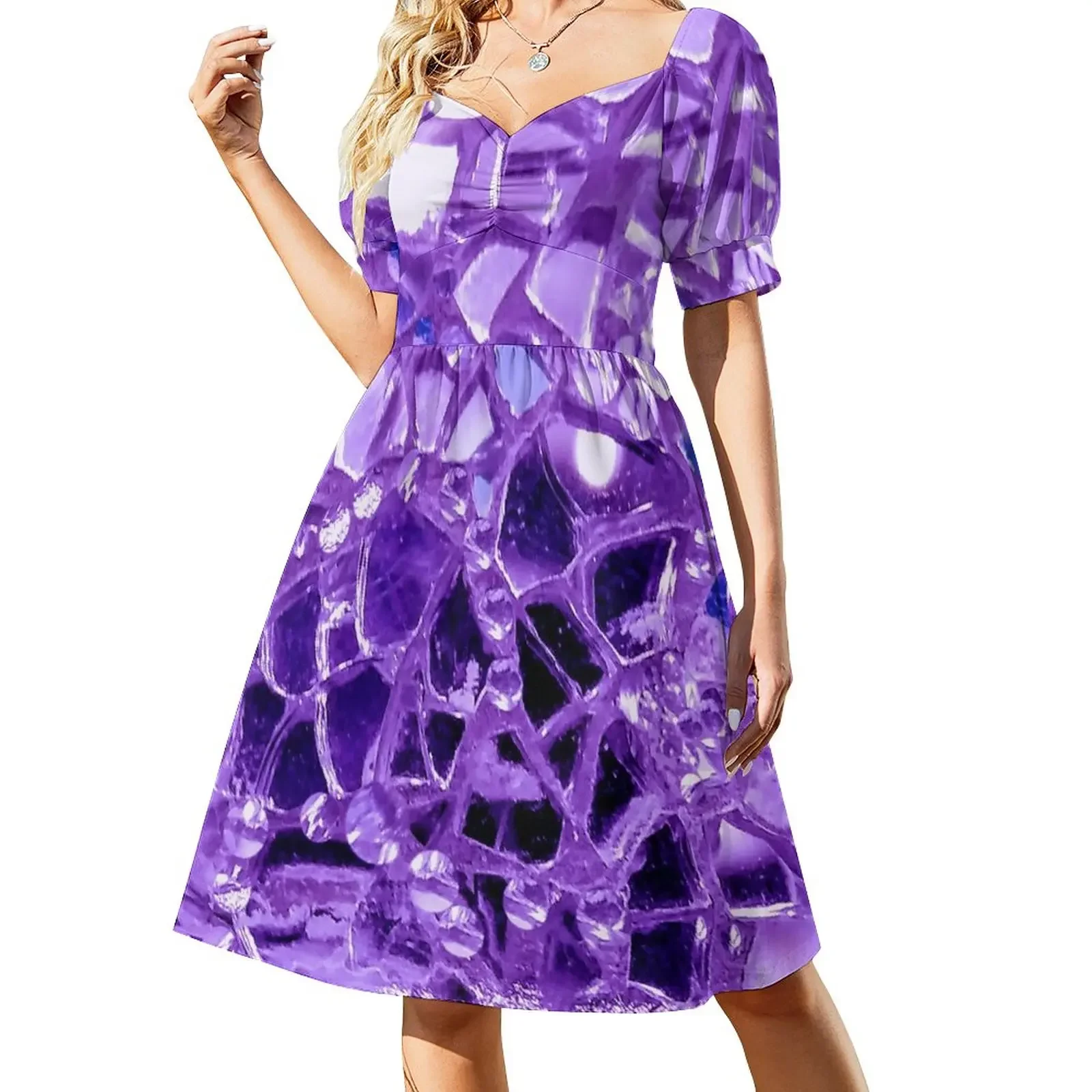 

Purple Mirror and Glass Mosaic Short-Sleeved Dress womens clothing wedding guest dress 2025