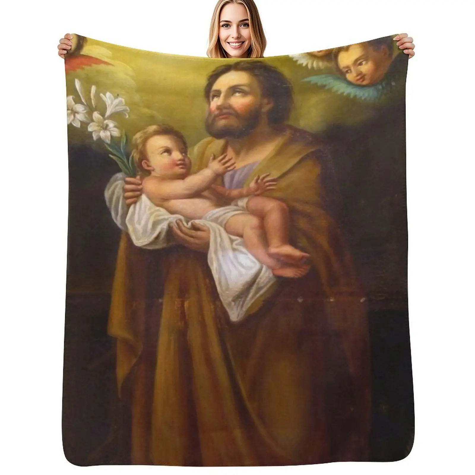 

Saint Joseph with Jesus Christ as a baby, France Throw Blanket Soft Beds Bed linens Single Vintage Blankets